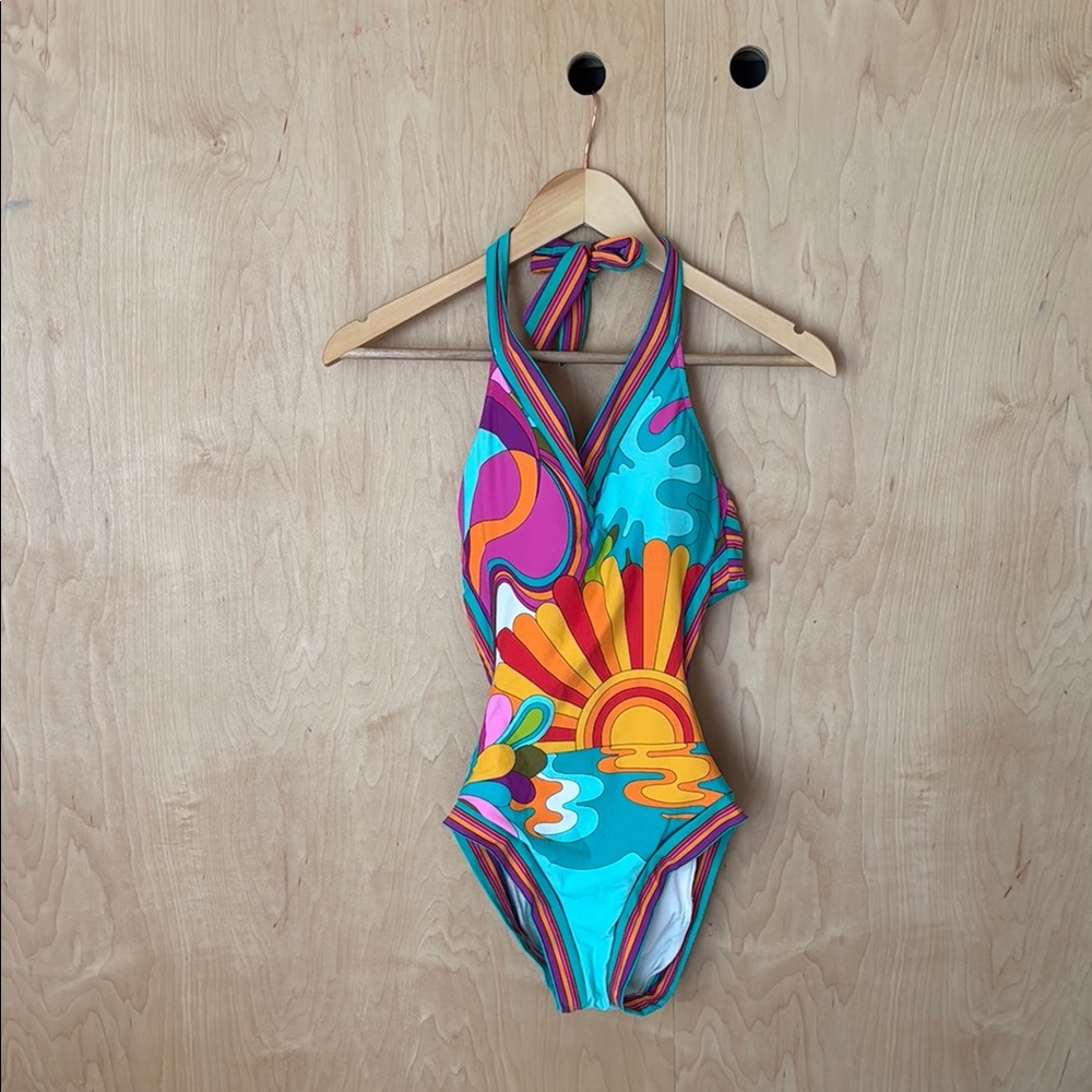 Trina Turk Blue and Orange One Piece Swimsuit with Artistic Design
